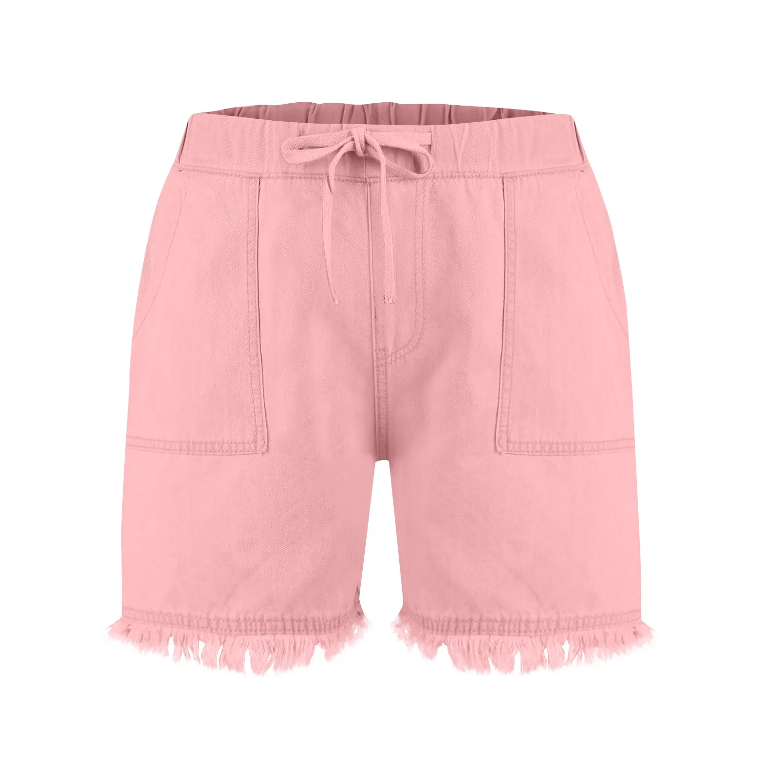 Ladies' Washed Solid Color Slimming Tassel Edge Denim Shorts Fashion Sexy Elastic Waist Leisure Pockets Summer Short Trousers