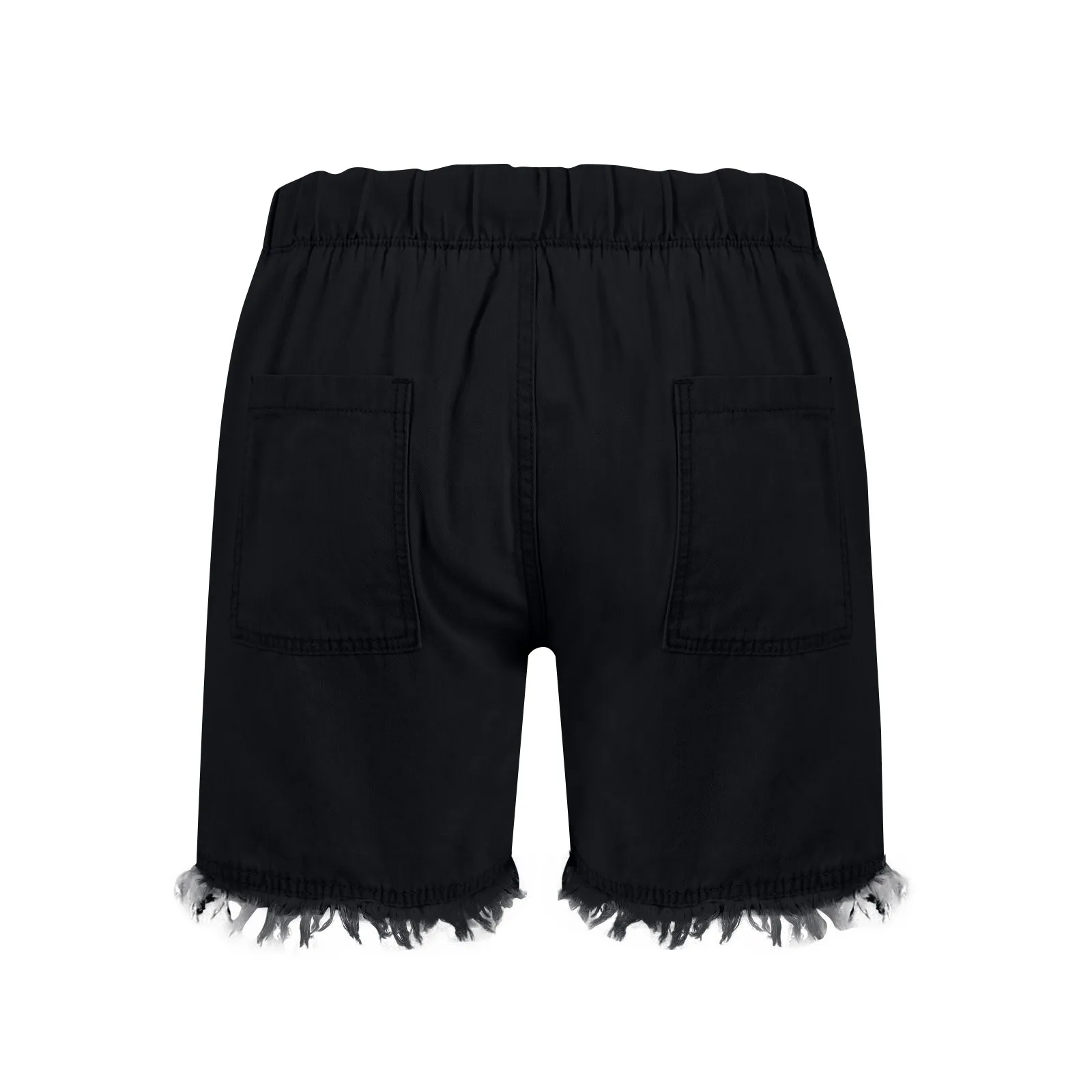 Ladies' Washed Solid Color Slimming Tassel Edge Denim Shorts Fashion Sexy Elastic Waist Leisure Pockets Summer Short Trousers