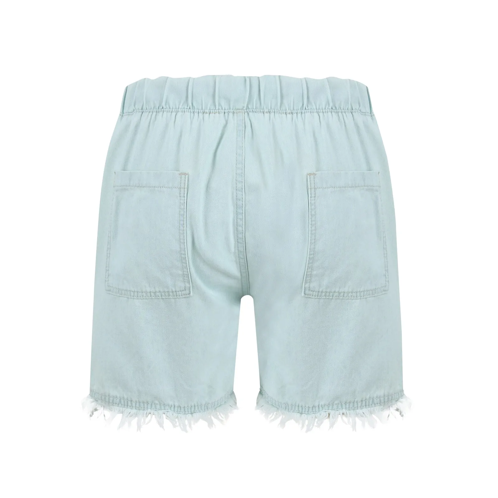 Ladies' Washed Solid Color Slimming Tassel Edge Denim Shorts Fashion Sexy Elastic Waist Leisure Pockets Summer Short Trousers