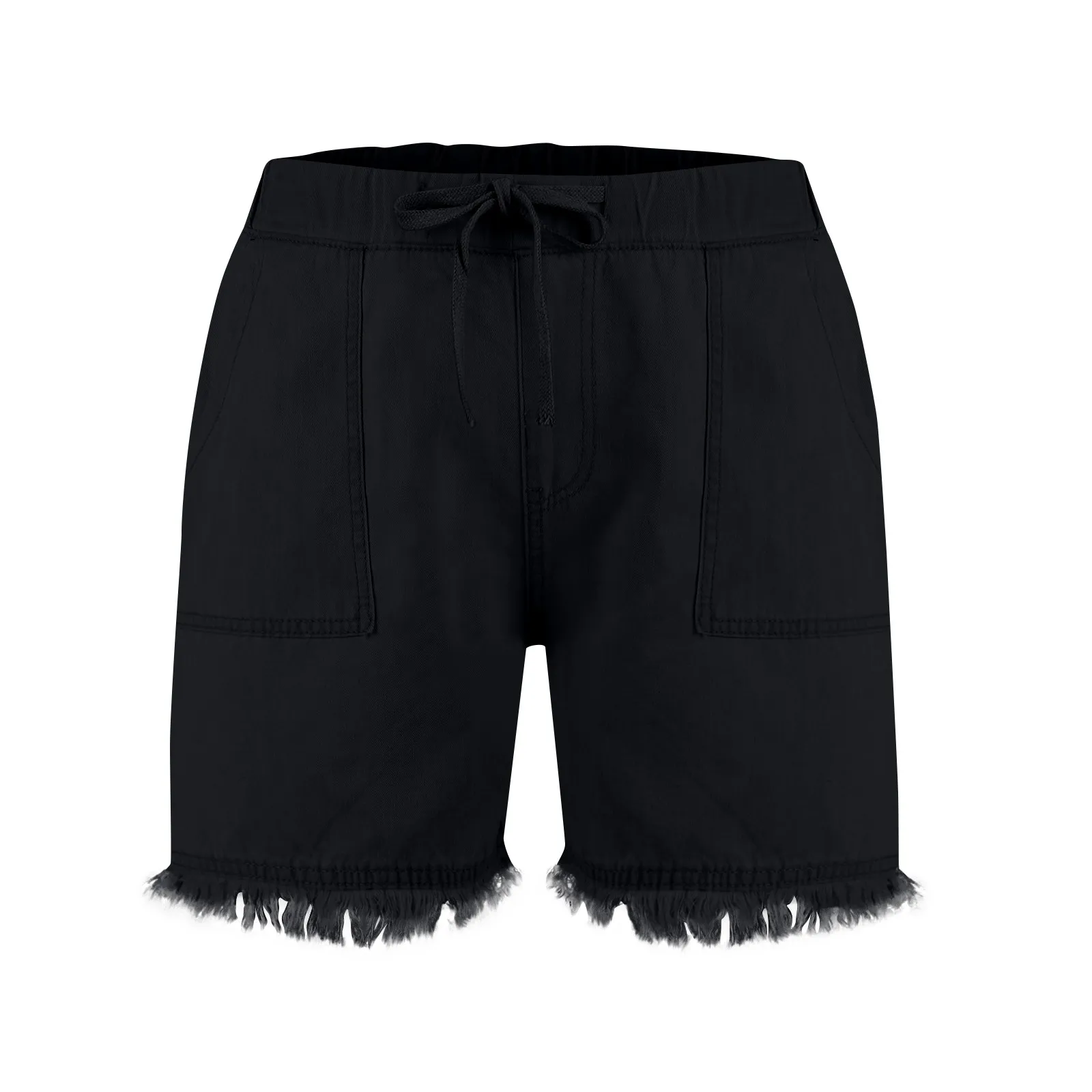 Ladies' Washed Solid Color Slimming Tassel Edge Denim Shorts Fashion Sexy Elastic Waist Leisure Pockets Summer Short Trousers