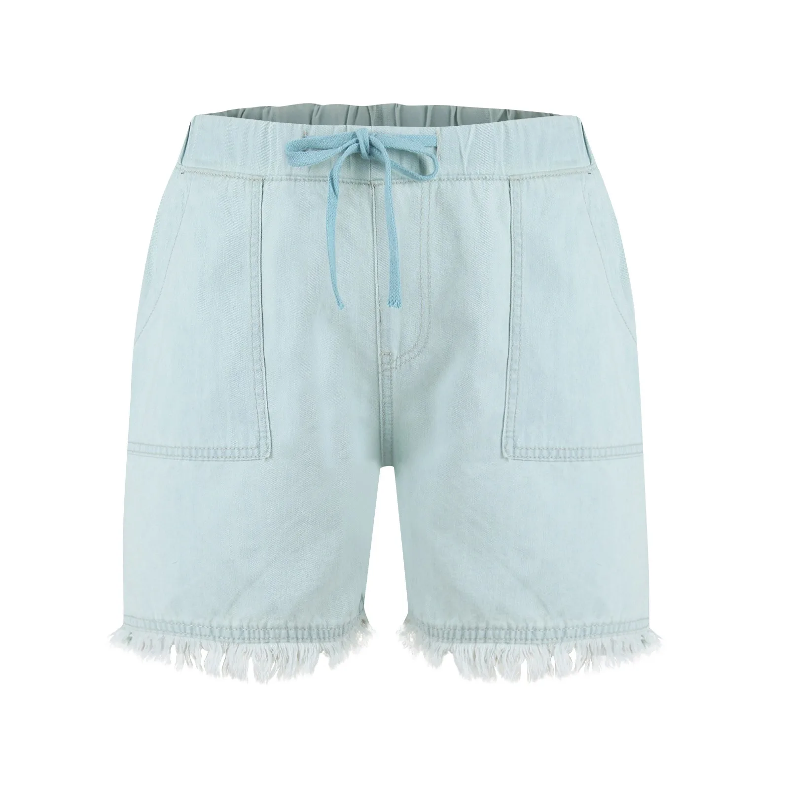 Ladies' Washed Solid Color Slimming Tassel Edge Denim Shorts Fashion Sexy Elastic Waist Leisure Pockets Summer Short Trousers