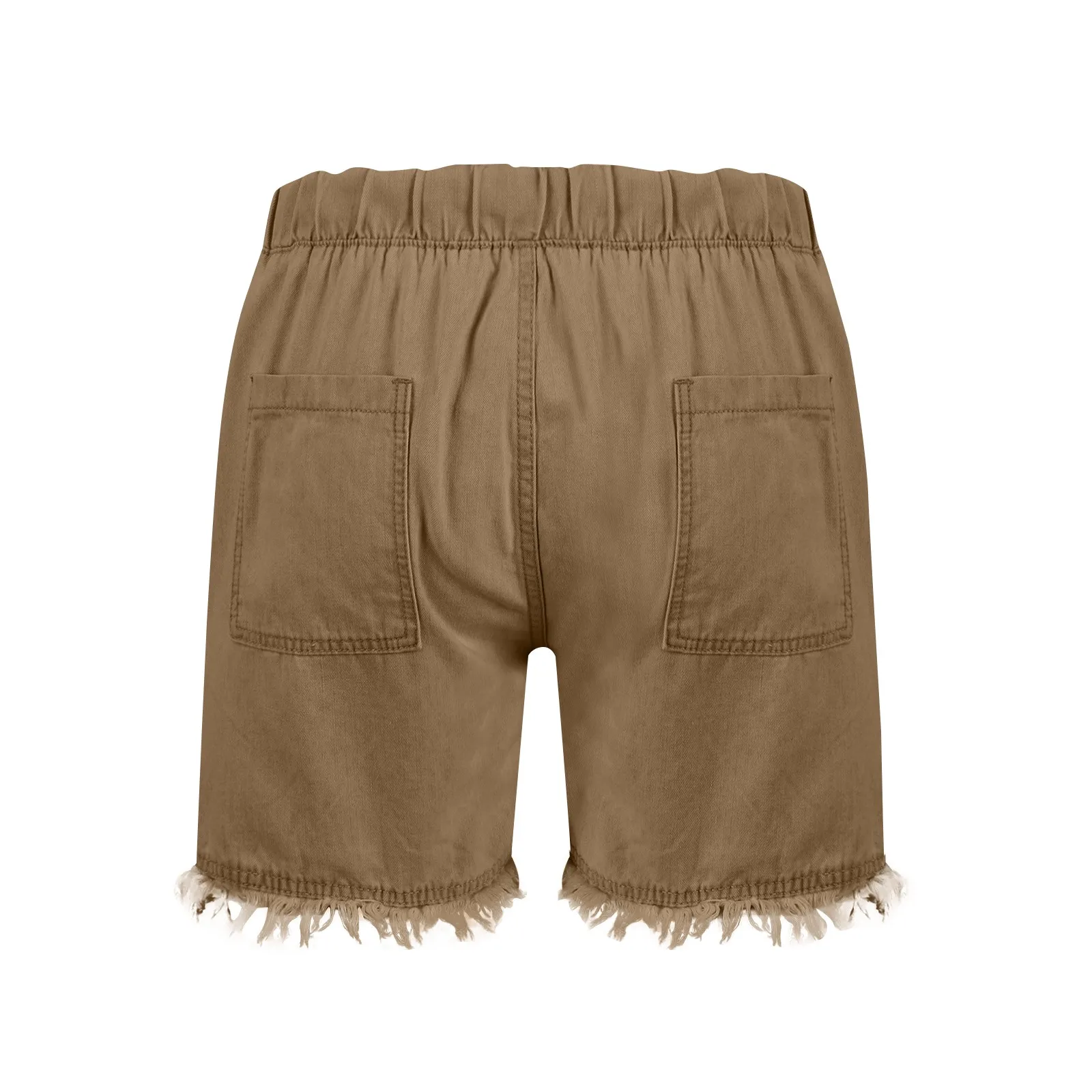 Ladies' Washed Solid Color Slimming Tassel Edge Denim Shorts Fashion Sexy Elastic Waist Leisure Pockets Summer Short Trousers