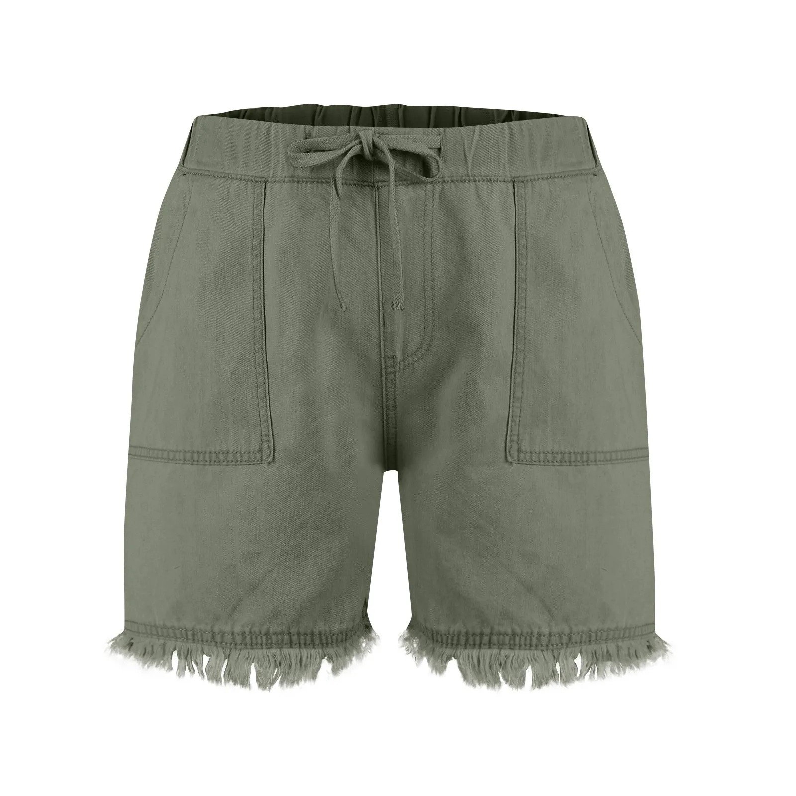 Ladies' Washed Solid Color Slimming Tassel Edge Denim Shorts Fashion Sexy Elastic Waist Leisure Pockets Summer Short Trousers