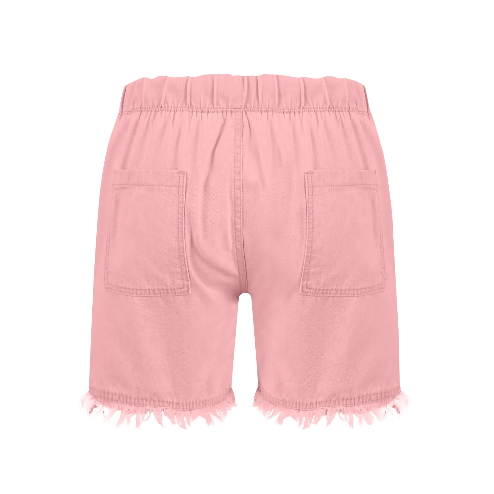 Ladies' Washed Solid Color Slimming Tassel Edge Denim Shorts Fashion Sexy Elastic Waist Leisure Pockets Summer Short Trousers