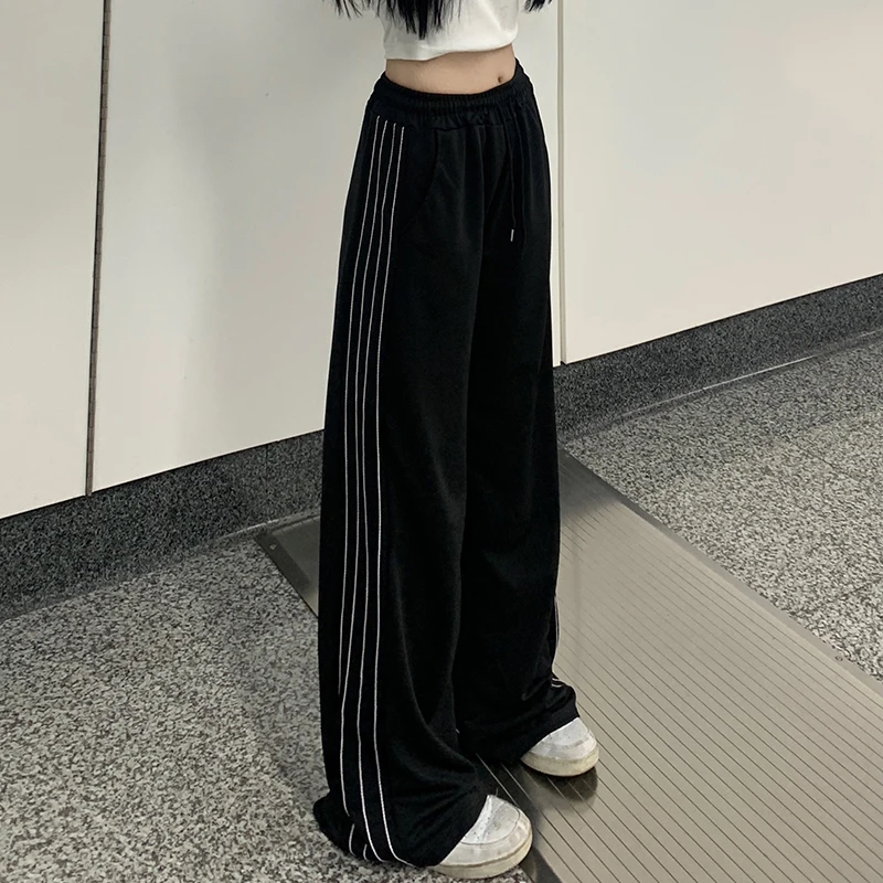 2024 Women Fashion Designer Pants Lady Baggy Wide Leg Straight Leg Trousers Female Korean Style High Waisted Black Stripe Slacks