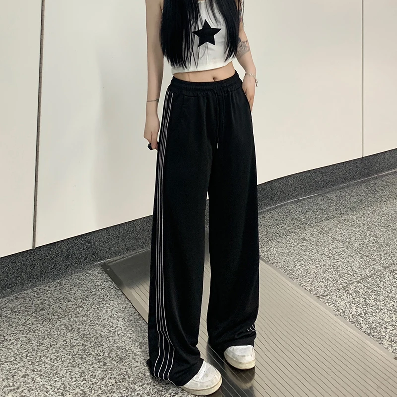 2024 Women Fashion Designer Pants Lady Baggy Wide Leg Straight Leg Trousers Female Korean Style High Waisted Black Stripe Slacks