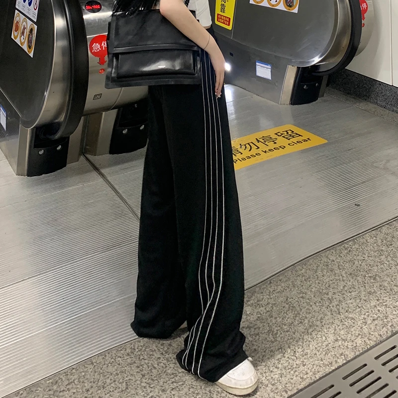 2024 Women Fashion Designer Pants Lady Baggy Wide Leg Straight Leg Trousers Female Korean Style High Waisted Black Stripe Slacks