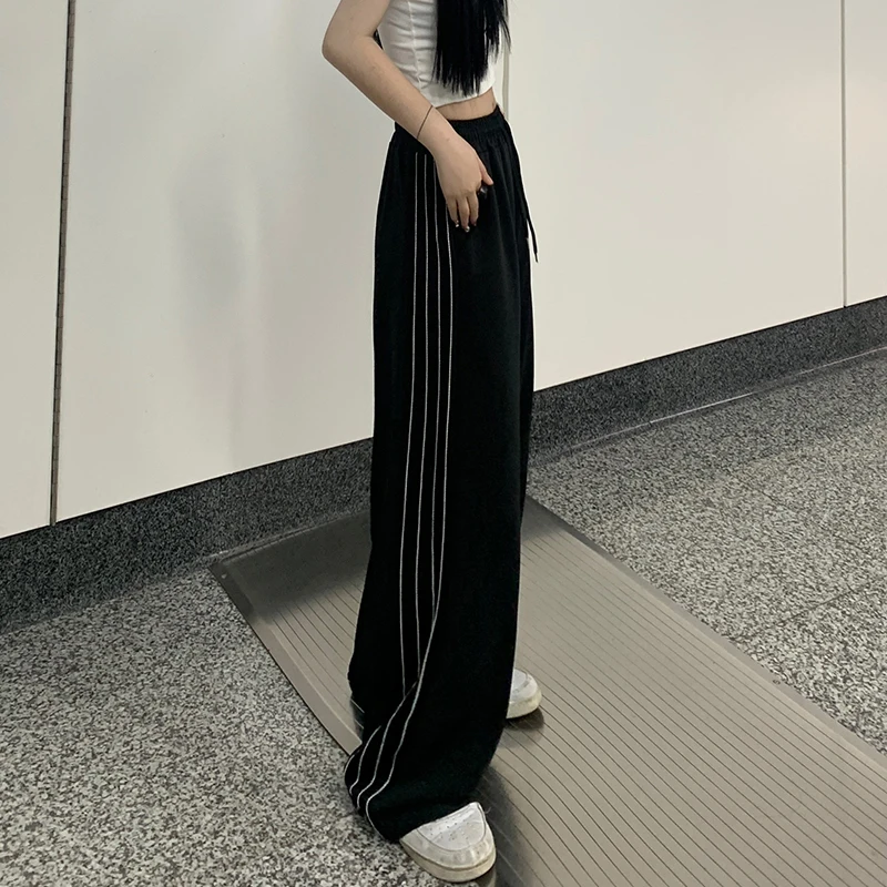 2024 Women Fashion Designer Pants Lady Baggy Wide Leg Straight Leg Trousers Female Korean Style High Waisted Black Stripe Slacks