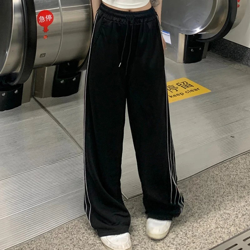 2024 Women Fashion Designer Pants Lady Baggy Wide Leg Straight Leg Trousers Female Korean Style High Waisted Black Stripe Slacks