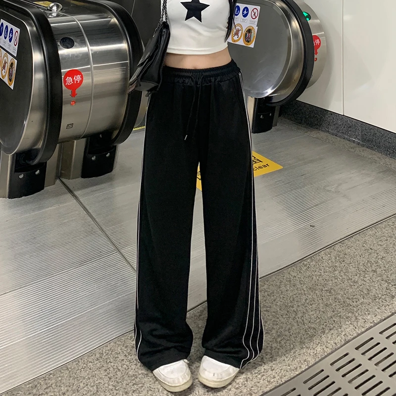 2024 Women Fashion Designer Pants Lady Baggy Wide Leg Straight Leg Trousers Female Korean Style High Waisted Black Stripe Slacks