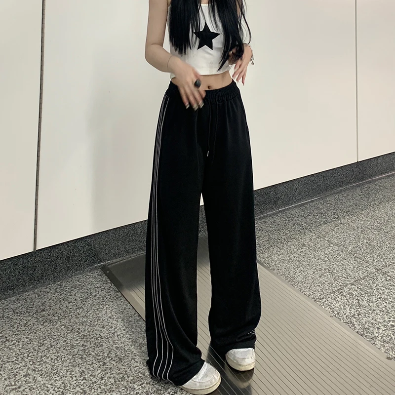 2024 Women Fashion Designer Pants Lady Baggy Wide Leg Straight Leg Trousers Female Korean Style High Waisted Black Stripe Slacks