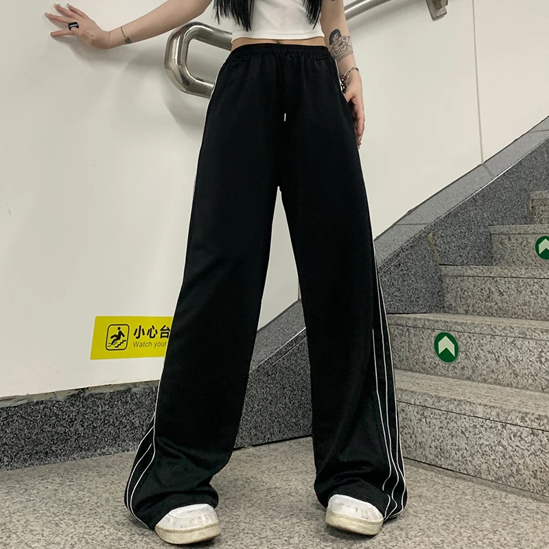 2024 Women Fashion Designer Pants Lady Baggy Wide Leg Straight Leg Trousers Female Korean Style High Waisted Black Stripe Slacks
