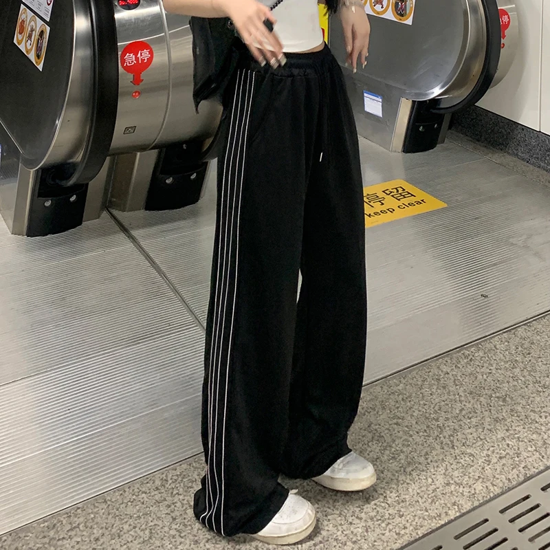 2024 Women Fashion Designer Pants Lady Baggy Wide Leg Straight Leg Trousers Female Korean Style High Waisted Black Stripe Slacks
