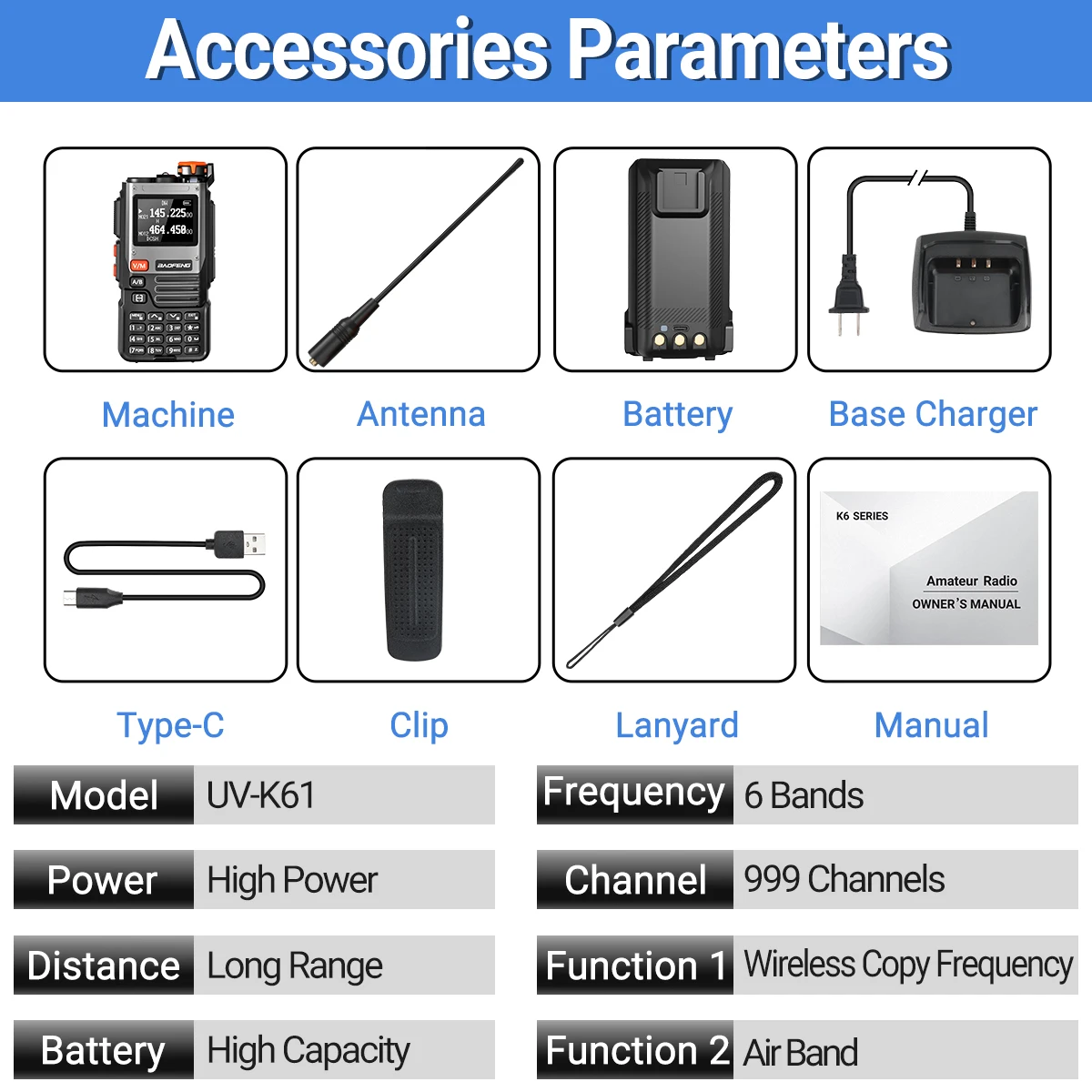 1/2PCS Baofeng UV-K61 Walkie Talkie Multi Band Wireless Copy Frequency 999CH Type-C AM DTMF NOAA UV-5R UV 5RH K6 K5(8) Ham Radio
