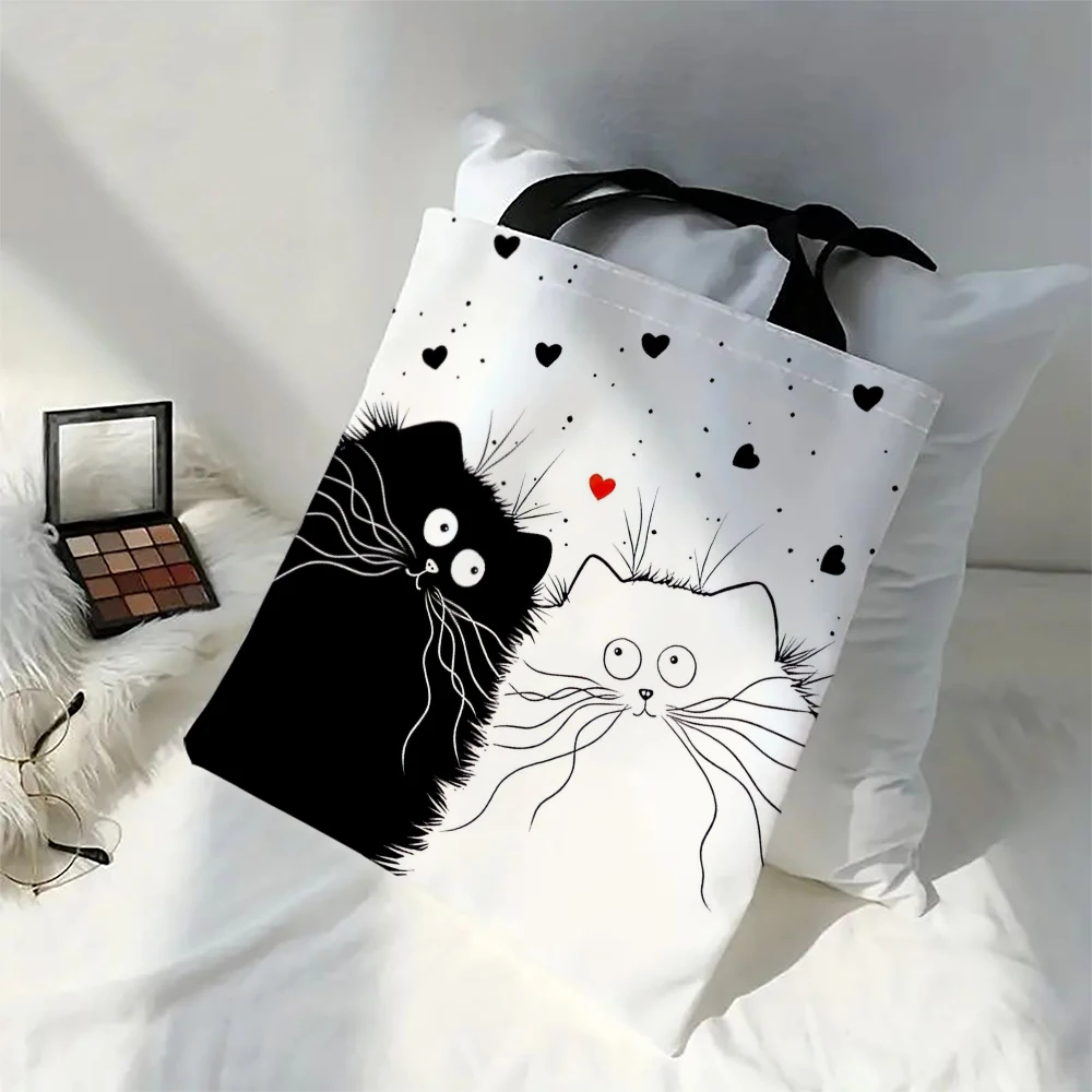 Linen Shopper Reusable Tote Cute Cats Print Grocery Storage Bag Portable Large Capacity Shoulder Bag Machine Washable Tote Bag