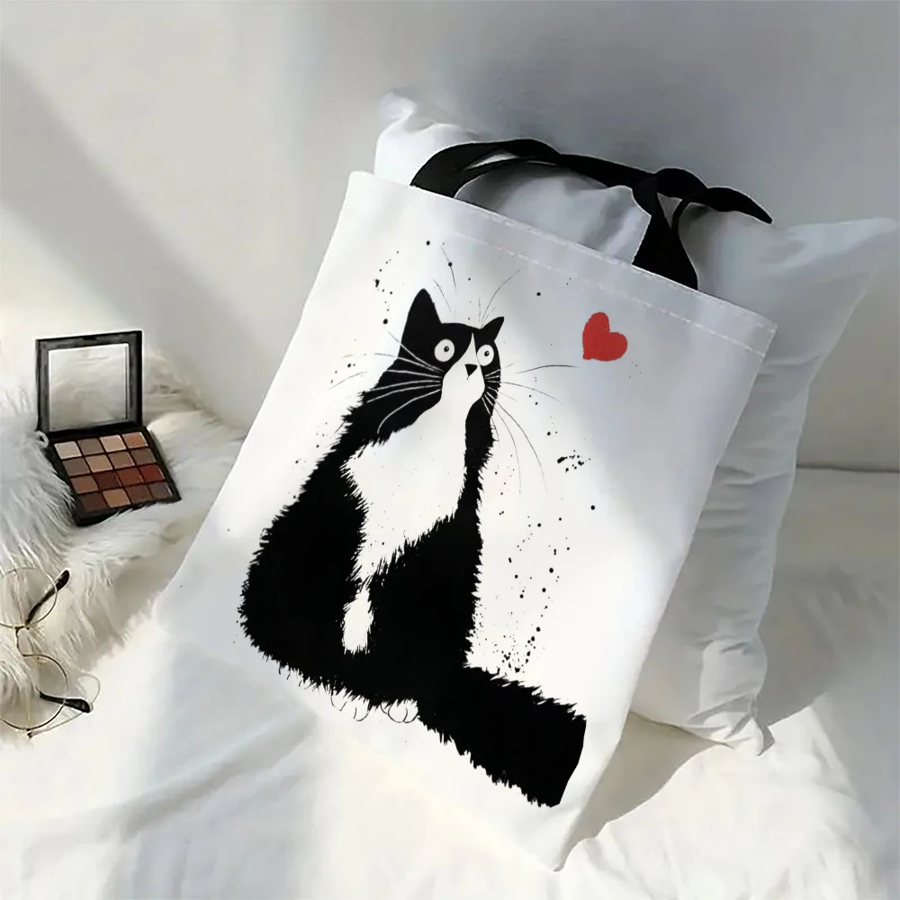 Linen Shopper Reusable Tote Cute Cats Print Grocery Storage Bag Portable Large Capacity Shoulder Bag Machine Washable Tote Bag