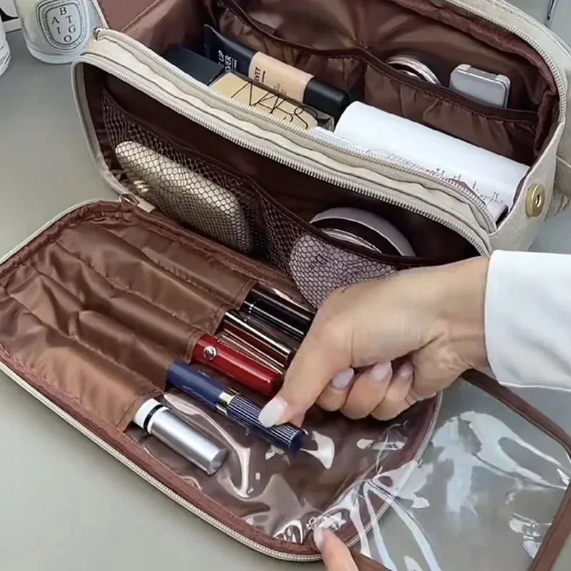 Multifunctional Makeup Bag For Women PU Leather Large Capacity Portable Double Zipper Travel Makeup Brush Toiletries Storage Bag