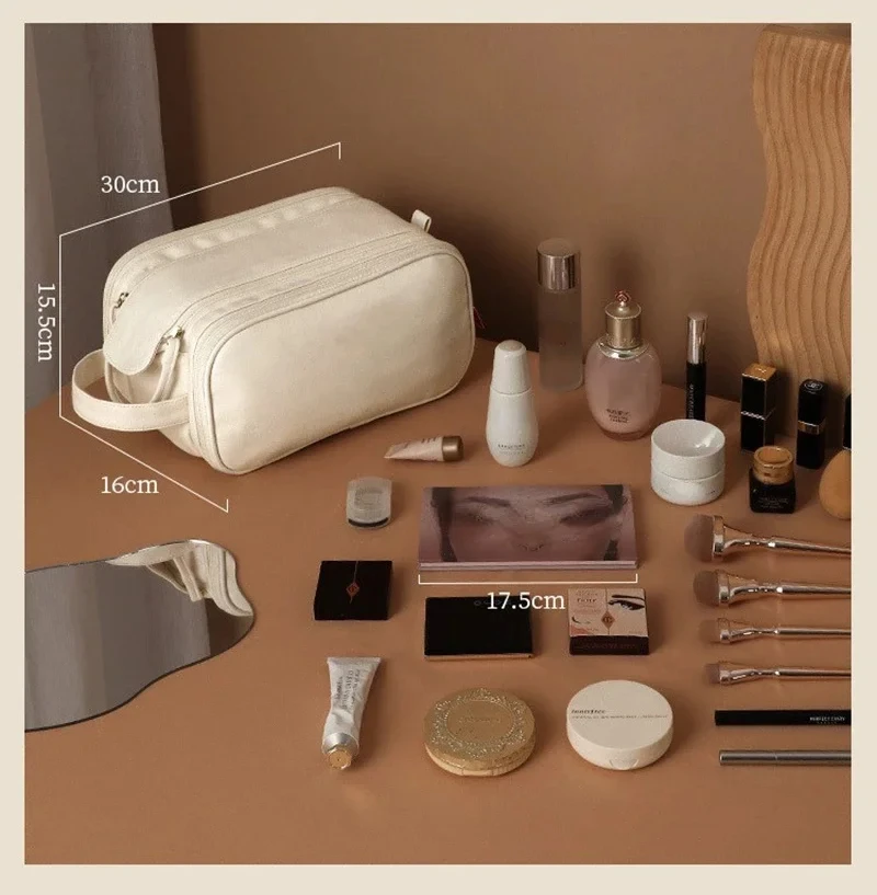 Multifunctional Makeup Bag For Women PU Leather Large Capacity Portable Double Zipper Travel Makeup Brush Toiletries Storage Bag