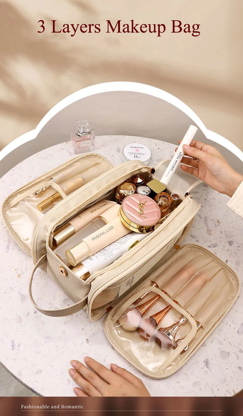 Multifunctional Makeup Bag For Women PU Leather Large Capacity Portable Double Zipper Travel Makeup Brush Toiletries Storage Bag