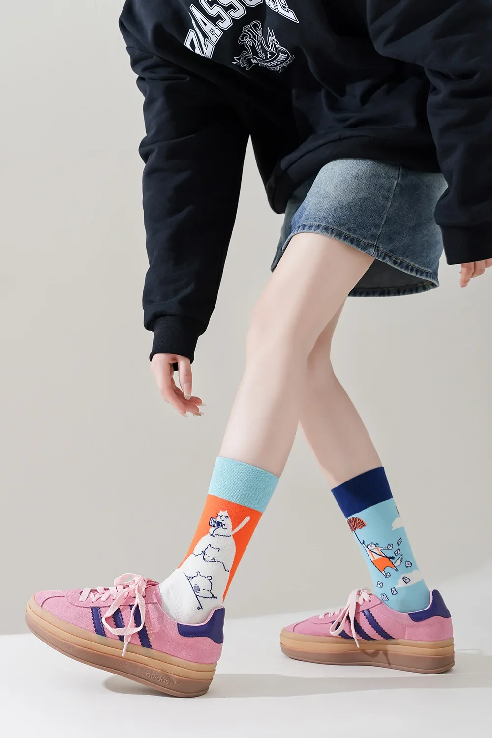 Happy Socks AB Asymmetrical Socks Cartoon Color Contrast Fashion Cotton Men And Women Couples Mid Tube Socks
