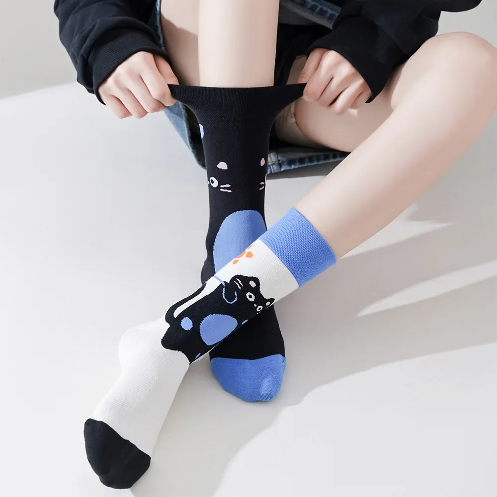 Happy Socks AB Asymmetrical Socks Cartoon Color Contrast Fashion Cotton Men And Women Couples Mid Tube Socks