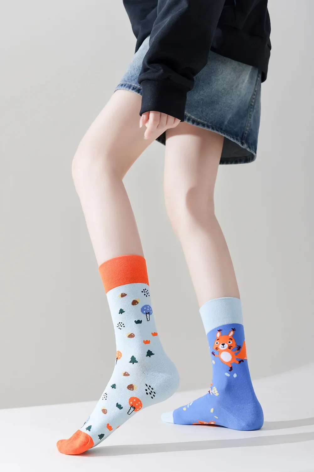 Happy Socks AB Asymmetrical Socks Cartoon Color Contrast Fashion Cotton Men And Women Couples Mid Tube Socks