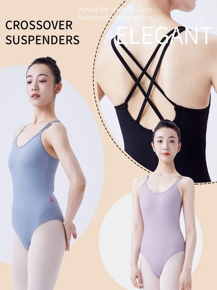 Women Double Camisole Ballet Leotards Black Gymnastic Bodysuit High Elastic Dance Clothing Comfort Ballerina Outfits Cross Back