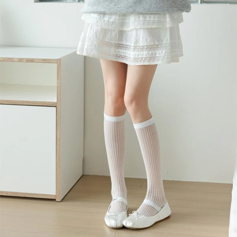 Horetong Lolita Long Socks Women Fashion JK Sweet Girls Thin Japanese Solid Color Socks Cotton Breathable Female Spring Summer