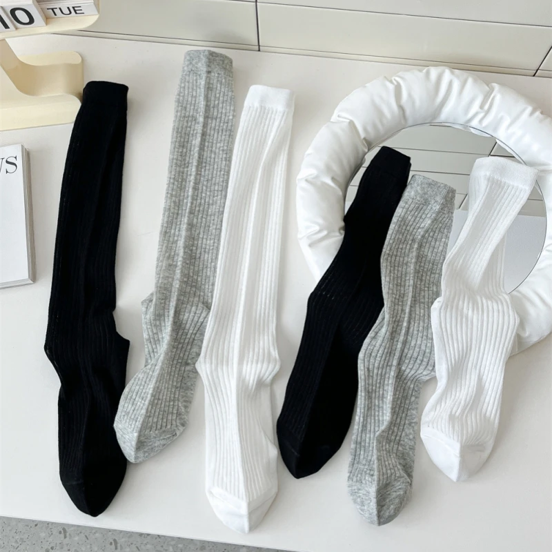 Horetong Lolita Long Socks Women Fashion JK Sweet Girls Thin Japanese Solid Color Socks Cotton Breathable Female Spring Summer