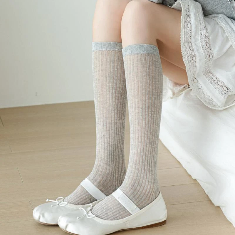 Horetong Lolita Long Socks Women Fashion JK Sweet Girls Thin Japanese Solid Color Socks Cotton Breathable Female Spring Summer