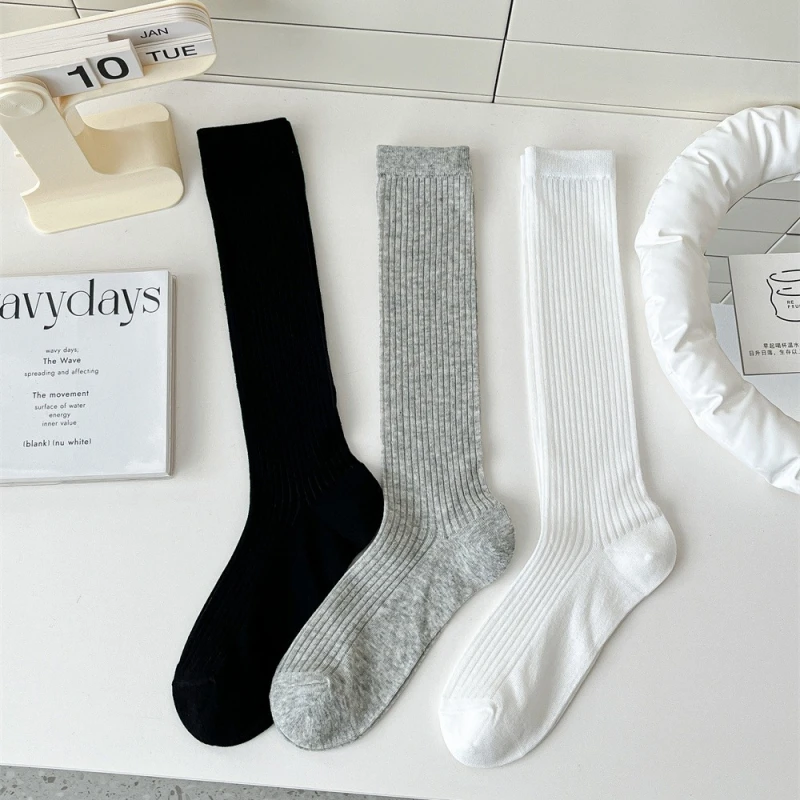 Horetong Lolita Long Socks Women Fashion JK Sweet Girls Thin Japanese Solid Color Socks Cotton Breathable Female Spring Summer