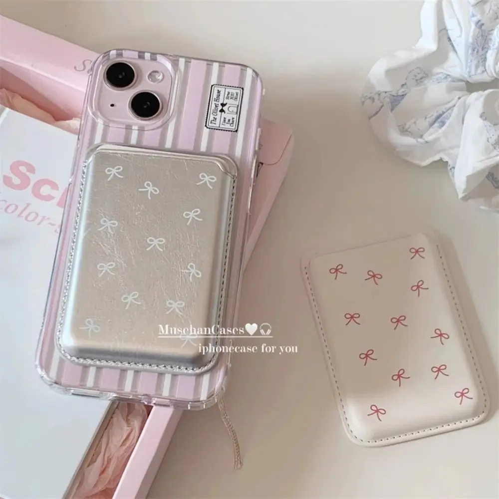Cute Bow Magnetic Card Clip Leather Wallet Card Holder Phone Case Dustproof Anti-Fingerprint Phone Accessorie For IPhone15ProMax