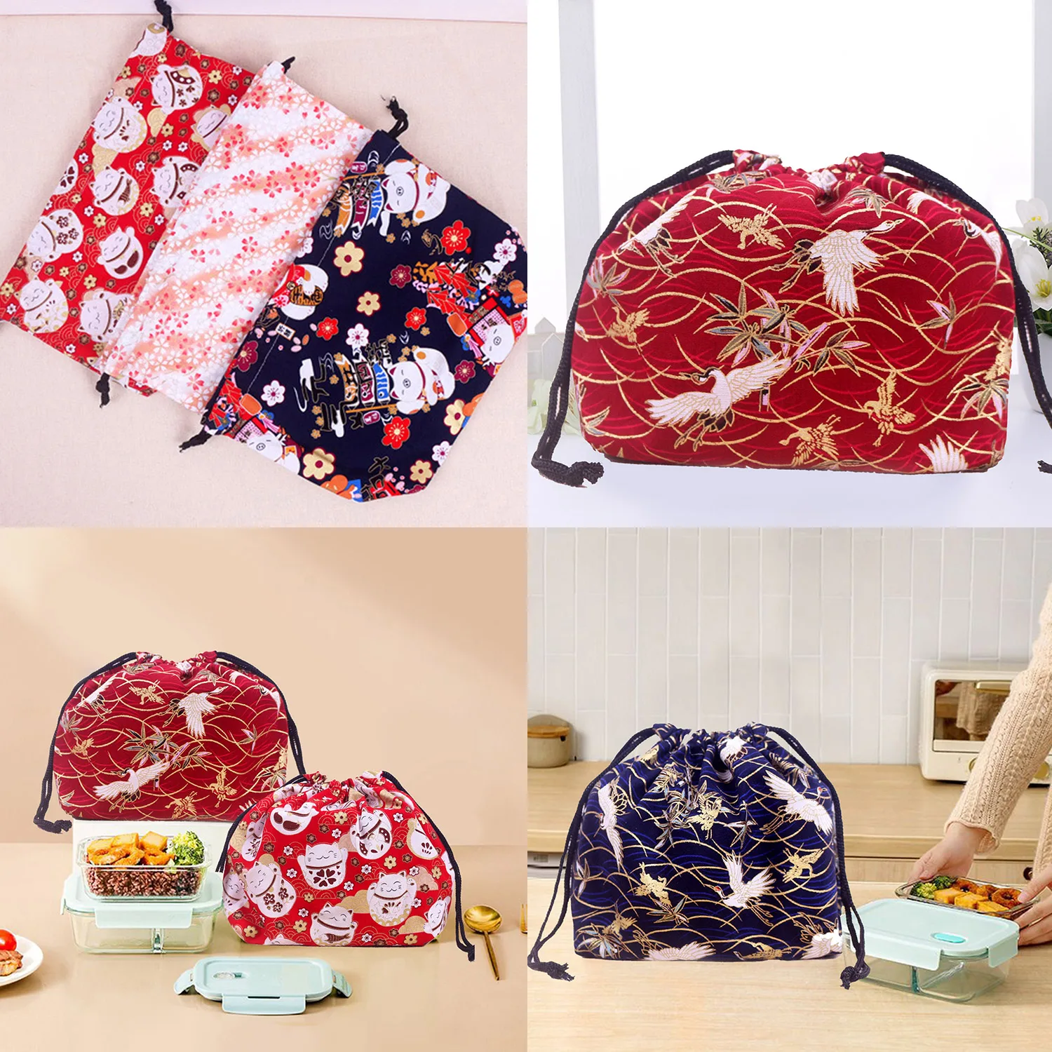 Japanese Style Lunch Box Bag Drawstring Lunch Bag Bento Tote Pouch Portable Children Storage Box Travel Tableware Storage Bag