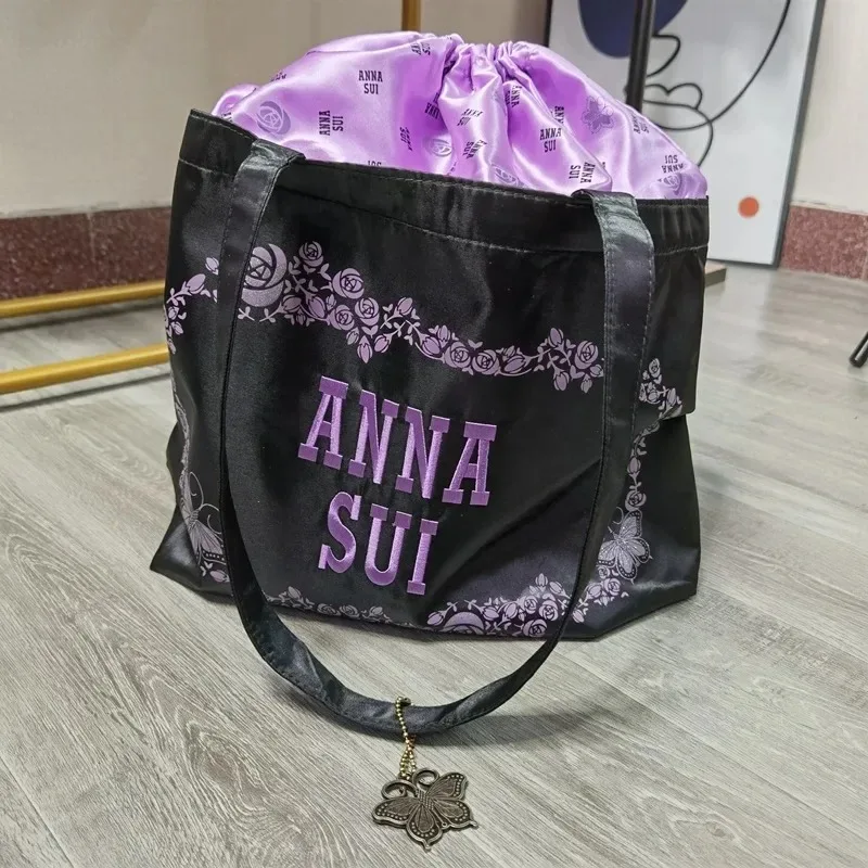 Purple Drawstring Handbags For Women Japan Brand Designer Shoulder Bag Large Capacity Embroidery Fashion Casual Shopper Tote Bag