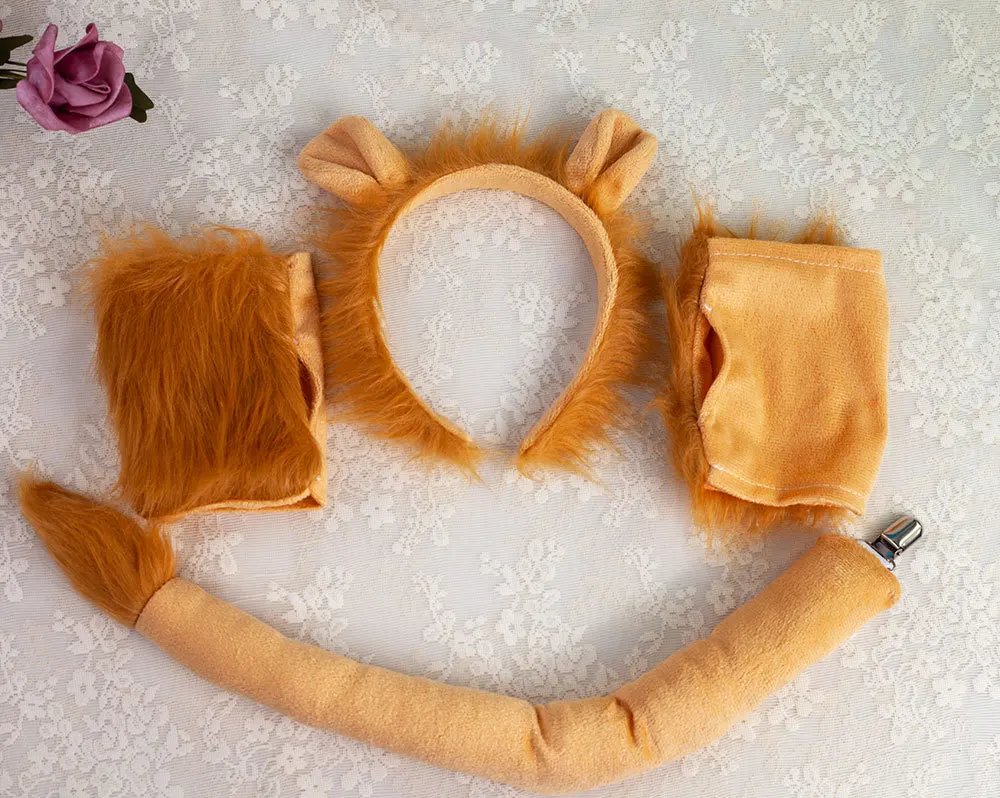 Lion Headband Tail Gloves Cosplay Kawaii Animal Ears Headdress Tie Halloween Party Wearings Adults Xmas Decor DIY Accessories