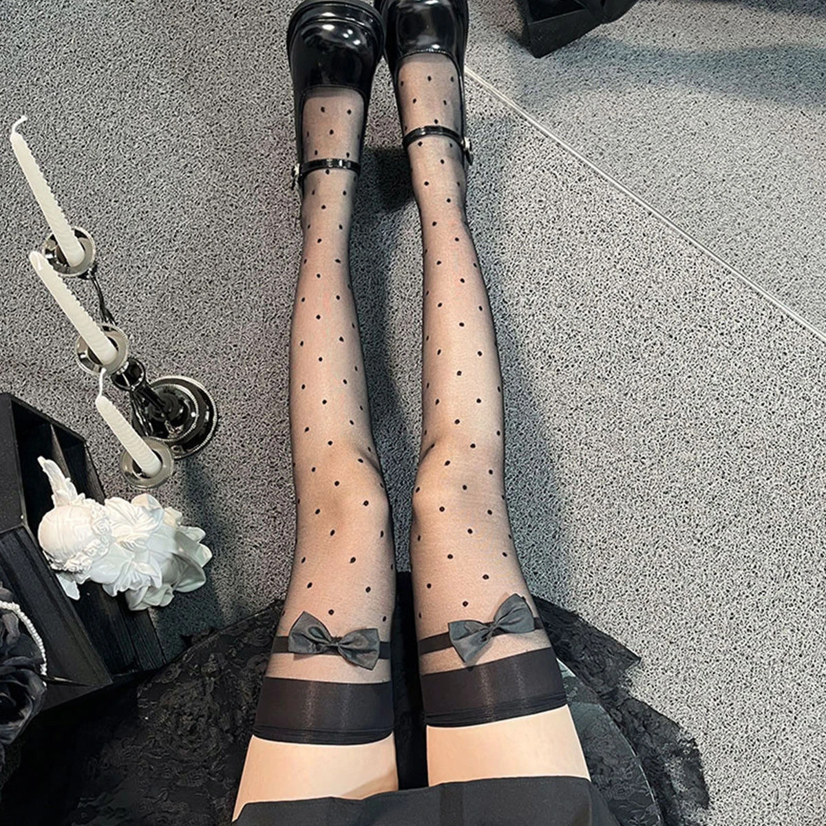 Hot Gothic Stockings for Women Clothes Lolita JK Polka Dot Bow Black White sheer Stocking Summer Over Knee Socks Anime Hosiery