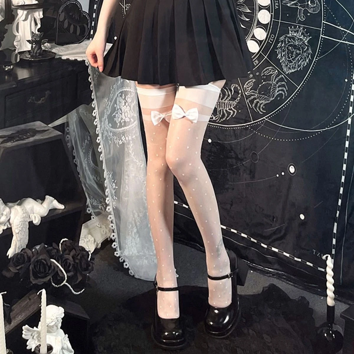 Hot Gothic Stockings for Women Clothes Lolita JK Polka Dot Bow Black White sheer Stocking Summer Over Knee Socks Anime Hosiery