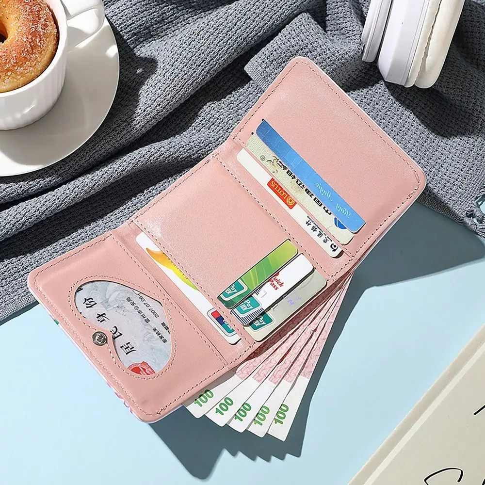 PU Leather Money Coin Purse Mini INS Style 3 Folds Credit Card Holoder Cute Kitten Dog Card Wallets for Girls Students Gift