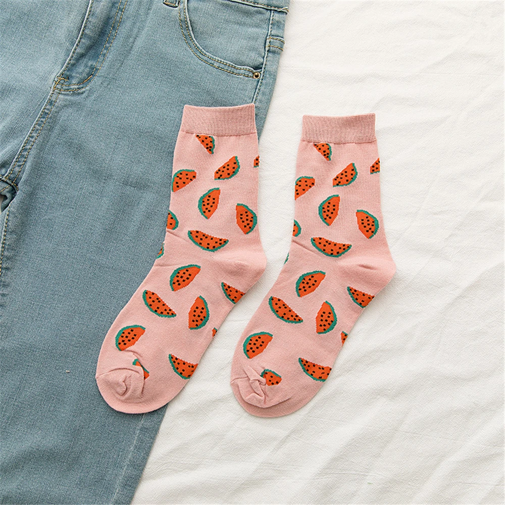 New Korean Women Socks Cute Fruit Cartoon Avocado Banana Watermelon Lemon Soft Cotton Funny Street Socks Christmas Gift Dropship