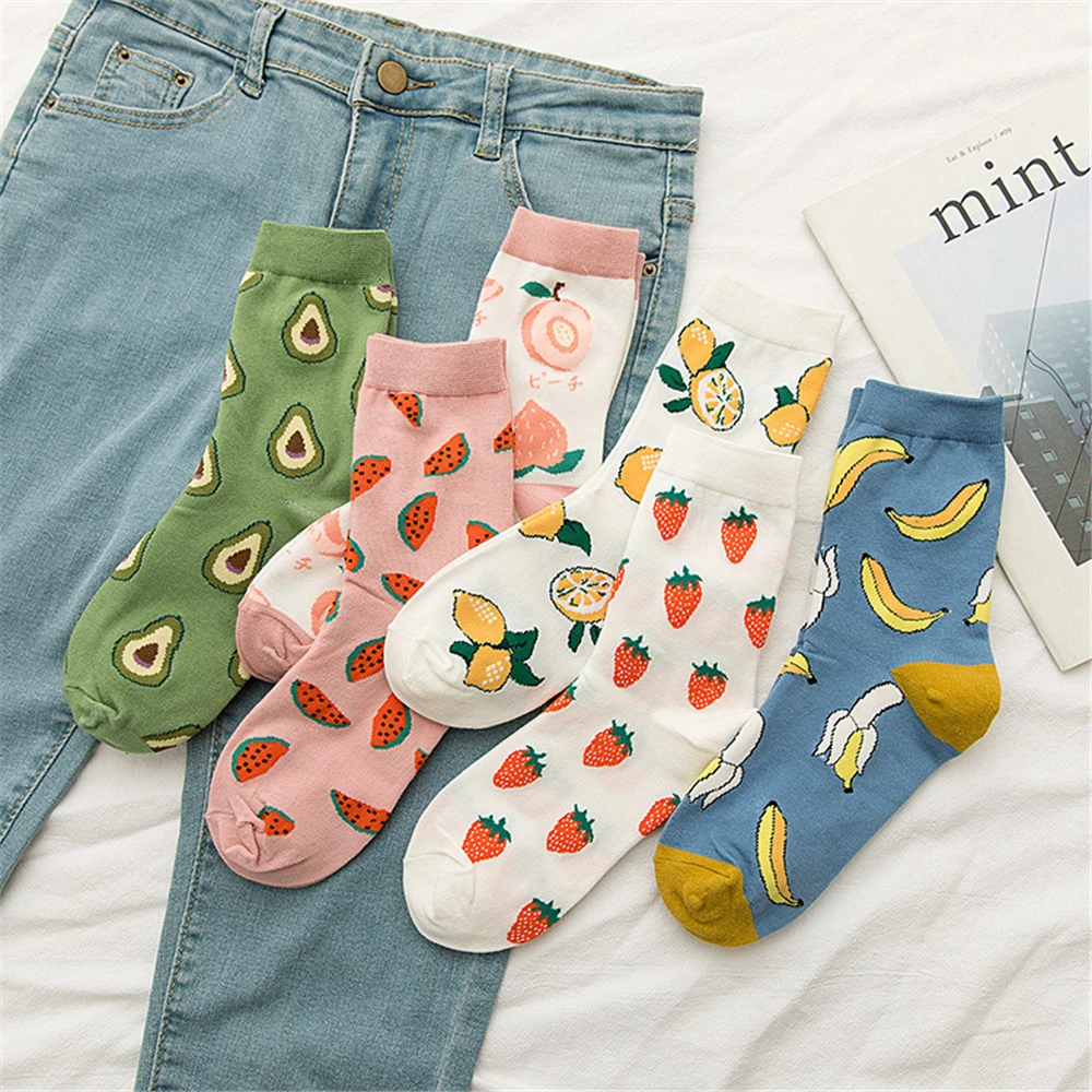 New Korean Women Socks Cute Fruit Cartoon Avocado Banana Watermelon Lemon Soft Cotton Funny Street Socks Christmas Gift Dropship