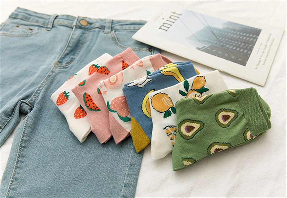 New Korean Women Socks Cute Fruit Cartoon Avocado Banana Watermelon Lemon Soft Cotton Funny Street Socks Christmas Gift Dropship