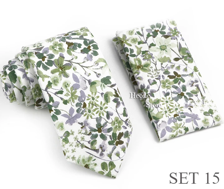 Novelty Floral Cotton Mens Casual Tie Set Fit Wedding Party Green Pink Blue Necktie Pocket Square Romantic Gravata Accessory