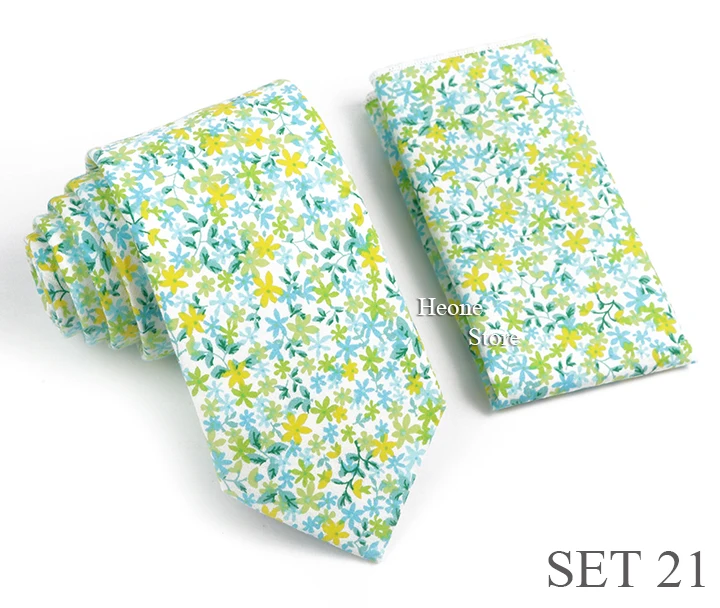 Novelty Floral Cotton Mens Casual Tie Set Fit Wedding Party Green Pink Blue Necktie Pocket Square Romantic Gravata Accessory