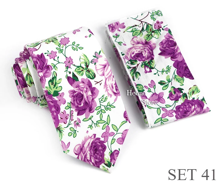 Novelty Floral Cotton Mens Casual Tie Set Fit Wedding Party Green Pink Blue Necktie Pocket Square Romantic Gravata Accessory