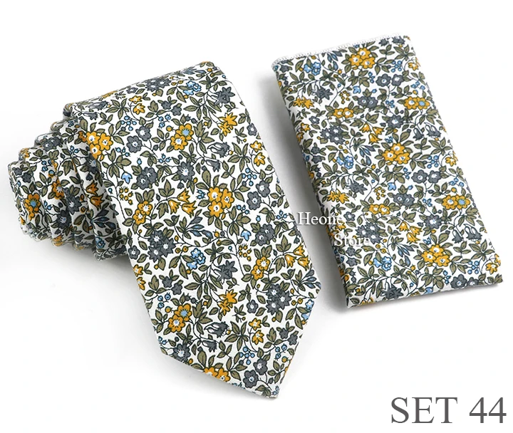 Novelty Floral Cotton Mens Casual Tie Set Fit Wedding Party Green Pink Blue Necktie Pocket Square Romantic Gravata Accessory