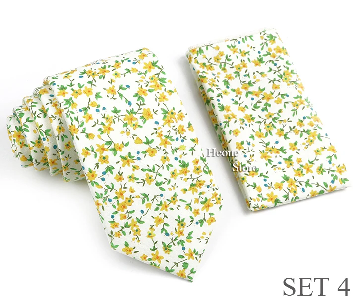 Novelty Floral Cotton Mens Casual Tie Set Fit Wedding Party Green Pink Blue Necktie Pocket Square Romantic Gravata Accessory