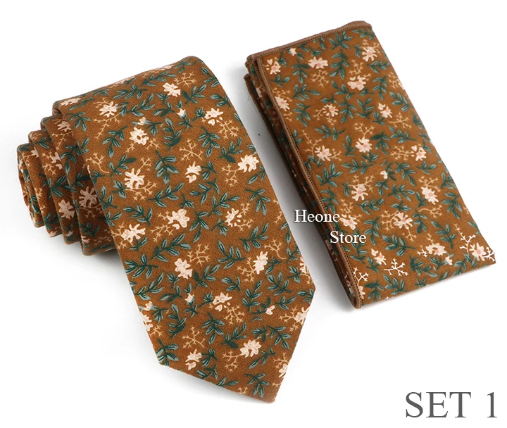 Novelty Floral Cotton Mens Casual Tie Set Fit Wedding Party Green Pink Blue Necktie Pocket Square Romantic Gravata Accessory