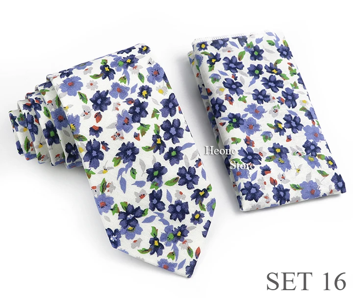 Novelty Floral Cotton Mens Casual Tie Set Fit Wedding Party Green Pink Blue Necktie Pocket Square Romantic Gravata Accessory
