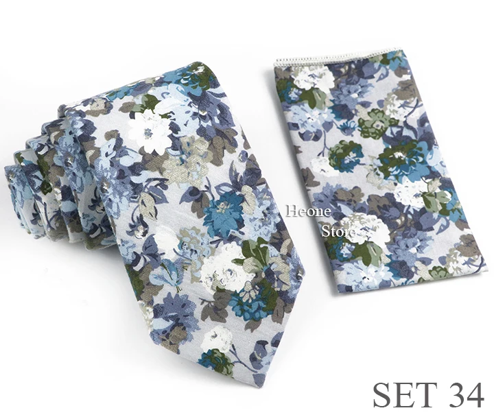 Novelty Floral Cotton Mens Casual Tie Set Fit Wedding Party Green Pink Blue Necktie Pocket Square Romantic Gravata Accessory