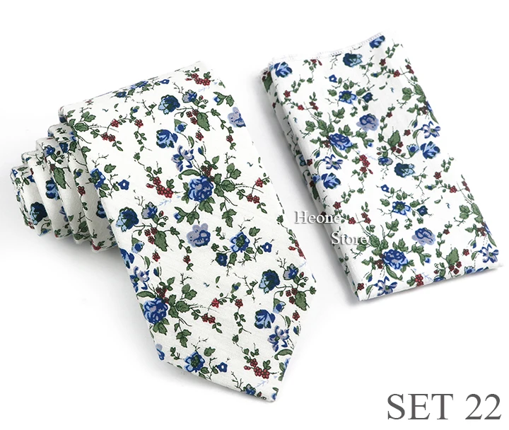 Novelty Floral Cotton Mens Casual Tie Set Fit Wedding Party Green Pink Blue Necktie Pocket Square Romantic Gravata Accessory
